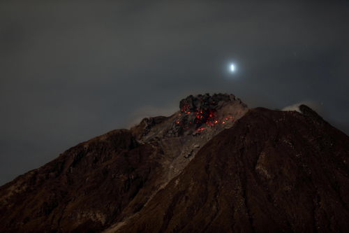 印尼杜科诺火山喷发，火山灰柱高度距峰顶约800米